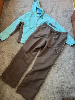 Gloria Vanderbilt Sport Turquoise Brown Jacket Track Pants Set Hooded Zip SIZE L